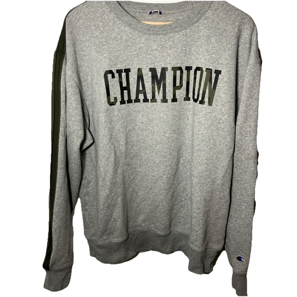 Champion Mens Gray Camo Logo Crewneck Sweatshirt Olive Stripe Large‎